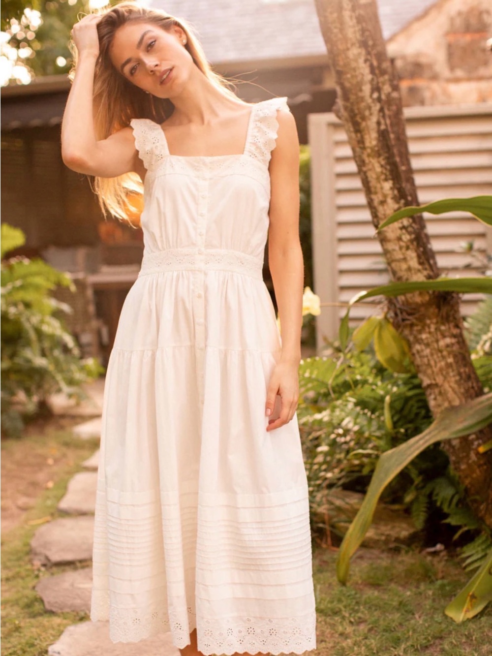 Frieda Dress White Eyelet Midi Sundress with Square Neckline - Picture 3 of 8